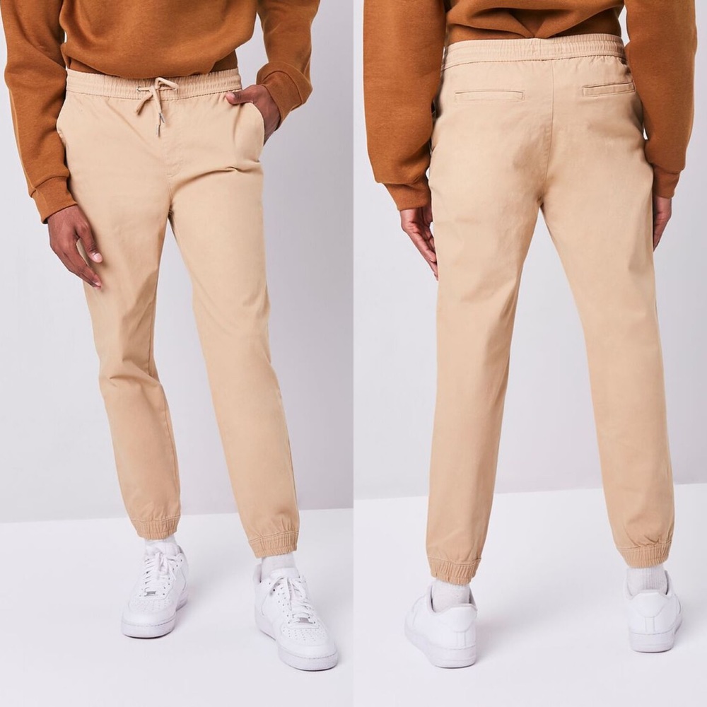 Twill Drawstring Joggers Trousers in Tan Khaki